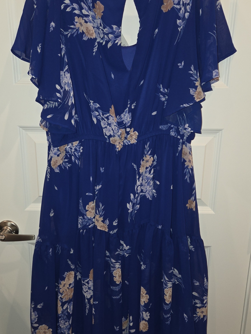 torrid Blue Floral Tiered Midi Dress with Cream and Tan Blooms - Picture 7 of 10